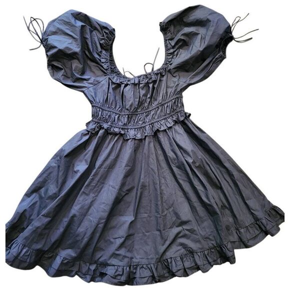 NWT En Saison Dress Women's Medium Black Cotton Poplin Mini Puff Sleeve - Picture 2 of 6